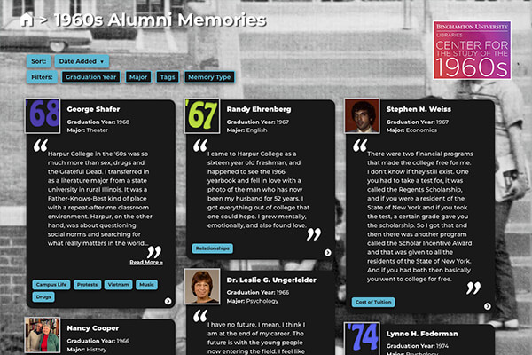 screenshot of the Alumni Memories website